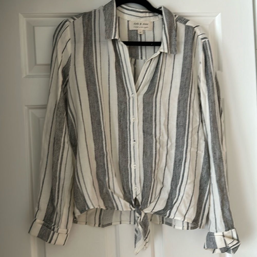 Black and off white striped blouse with tie waist